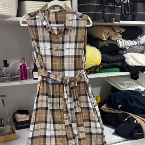 Barbour Sleeveless Plaid Maxi Dress in Beige, Navy & White